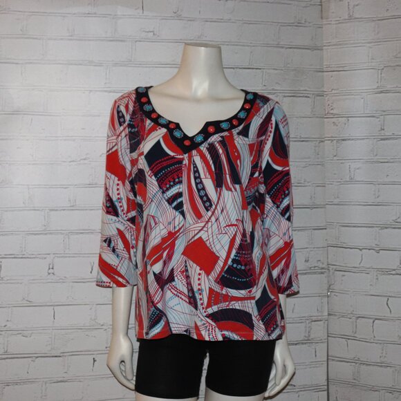 Ruby Rd. Beaded Blouse – XL – Red, White & Blue Boho Chic · 3/4 Sleeves · - Picture 7 of 7